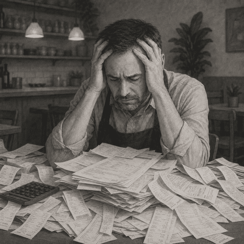 Messy restaurant paperwork
